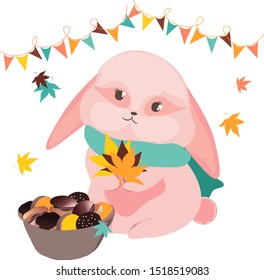 Colorful vector illustration of cute cartoon character isolated on white. Leaves falling down around small kind pink rabbit or hare in green scarf with picnic basket full of baked cakes made pumpkin