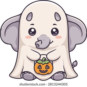 A colorful vector illustration of a cute cartoon baby elephant dressed up in a white ghost costume for Halloween, holding a carved jack-o'-lantern pumpkin bucket, clean pop art aesthetic, holiday celebration, and festive animal concept style flat vector illustration