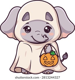 colorful vector illustration of a cute cartoon baby elephant dressed up in a white ghost costume for Halloween, holding a carved jack-o'-lantern pumpkin bucket, clean pop art aesthetic, holiday celebration, and festive animal concept style flat vector illustration