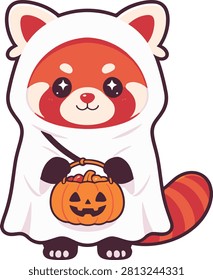 A colorful vector illustration of a cute cartoon baby red panda dressed up in a white ghost costume for Halloween, holding a carved jack-o'-lantern pumpkin bucket filled with treats, clean pop art aesthetic, holiday celebration, and festive animal concept style flat vector
