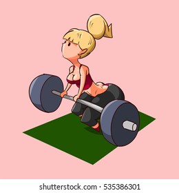 Colorful vector illustration of a cute cartoon fitness girl training in the gym