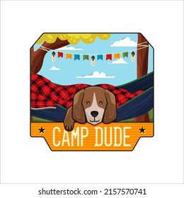 Colorful vector illustration of cute dog lying in hammock in forest and inscription Camp Dude on white background