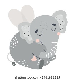 
A colorful vector illustration of a cute fairy baby elephant done in an adorable childish style, perfect for children's books or themed decorations