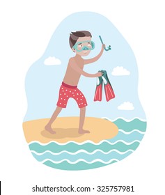 Colorful vector illustration of a cute happy diver boy in the mask for diving holding tube for diving in his hand and flippers n his other hand. He is on the beach