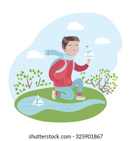 Colorful vector illustration of a cute happy in red jacket sit on his haunches, holding his hand in his pocket and toy boat in his other hand. He is sailing toy boats on pond in spring. Windy weather 