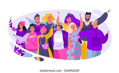 Colorful vector illustration with cute joyful friends. Friendship concept. Group of smiling, happy, young people standing together, embracing each other, waving hands. Flat cartoon style.