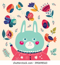 Colorful vector illustration with cute rabbit, butterflies and flowers. Happy Easter greeting card
