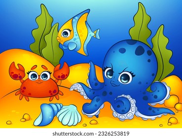 Colorful vector illustration of a cute underwater world with octopus, fish, and crab characters in a playful cartoon style