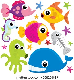 Colorful vector illustration of cute underwater cartoon sea creatures like fishes, crabs and more.