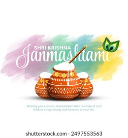 Colorful vector illustration of dahi handi celebration in Happy Janmashtami festival background of India.