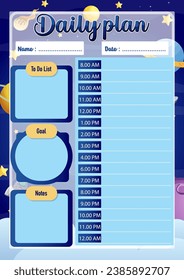 Colorful vector illustration of a daily plan divided by hour against an outer space background