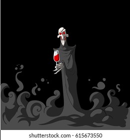 Colorful vector illustration of Death, the grim reaper,  holding a glass of red wine