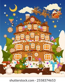 Colorful vector illustration of a decorated gingerbread house surrounded by holiday elements, including Santa in his sleigh, Christmas trees, and candy. Ideal for festive designs and cards.