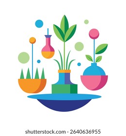 Colorful vector illustration of decorative plants and flowers in modern geometric pots