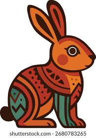 Ilustração vetorial colorida de um coelho decorativo com padrões tribais e geométricos. Design animal estilizado de arte folclórica em tons quentes, adequado para logotipos, cartões de saudação, ilustrações infantis.