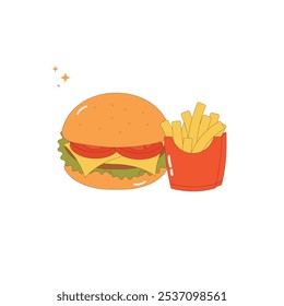 Colorful vector illustration of a delicious burger with cheese, lettuce, and tomato, along with a serving of French fries. Perfect for menus, fast food ads, and restaurant designs.