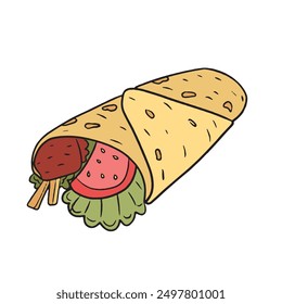 A colorful vector illustration of a delicious shawarma wrap with fresh ingredients including meat, tomato, lettuce, and crispy vegetables, all wrapped in a soft tortilla. Turkish durum