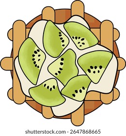 Colorful vector illustration of a delicious waffle dessert topped with fresh kiwi slices and whipped cream