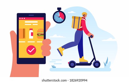 Colorful vector illustration of delivery man with bag of groceries riding kick scooter near hand ordering food in online grocery store