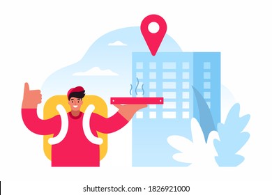 Colorful vector illustration of delivery man with box of fresh hot pizza gesturing thumb up against modern apartment building in city