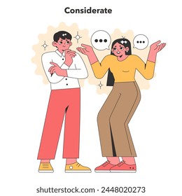 Colorful vector illustration depicting a considerate interaction between two characters, highlighting empathy and understanding in human relationships