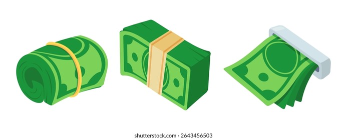 Colorful vector illustration depicting different arrangements of dollar bills, including rolled, stacked, and clipped.