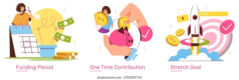 Farbige Vektorgrafik mit verschiedenen Crowdfunding-Aktionen. Es zeigt eine Frau, die eine Förderperiode plant, eine Person, die einen einmaligen Beitrag leistet und ein Streckziel erreicht.
