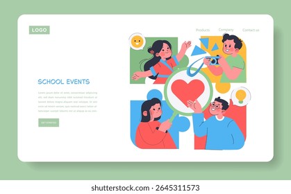 Ilustração vetorial colorida retratando diversos alunos envolvidos em eventos escolares, mostrando unidade e criatividade. Estudantes sorridentes representam entusiasmo e colaboração.