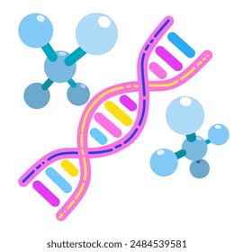 Colorful vector illustration depicting the double helix structure of DNA with base pairs and two related molecular structures. Suitable for genetics, biology and molecular chemistry topics.