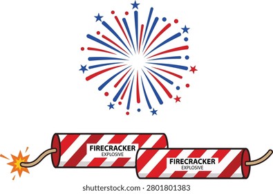 A colorful vector illustration depicting a firecracker with a fireworks burst and scattered stars, presented as a distinctive silhouette on a white background.