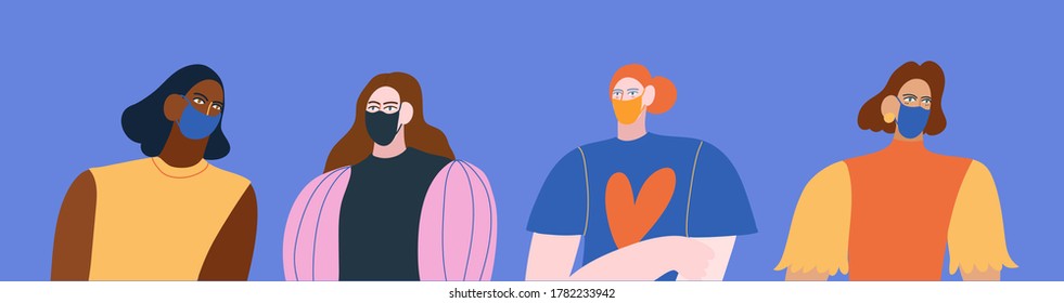 Colorful vector illustration depicting group of people in face masks. Preventive measure to stop the spread of the virus. Lifestyle during the coronavirus pandemic. Protection from pneumonia, flu.