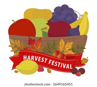 Ilustração em vetor colorido representando uma celebração de festival de colheita. Uma cesta repleta de frutas frescas como maçãs, uvas, bananas e folhas de outono é adornada com uma bandeira festiva, encapsulati
