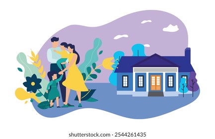 A colorful vector illustration depicting a joyful family, with parents and children smiling, standing together in a warm, loving embrace, symbolizing unity, happiness, and togetherness.