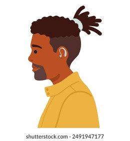 Colorful Vector Illustration Depicting A Man With A Hearing Aid In His Right Ear, Shown From A Side Profile. Cartoon Male Character Is Wearing A Yellow Shirt And Has A Neatly Groomed Hairstyle