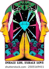 Colorful vector illustration depicting mindfulness and inner peace with mirrored faces, a diamond, and floral elements, perfect for designs focused on spirituality, meditation, and positive energy.