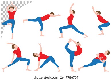 Colorful vector illustration depicting a person performing eight different standing yoga poses, showcasing balance, strength, and graceful stretching. These minimalist, modern graphics are ideal yoga