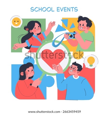 Colorful vector illustration depicting school events with children expressing creativity and enthusiasm. Includes joyful actions like photo taking, showing love, and sharing ideas.
