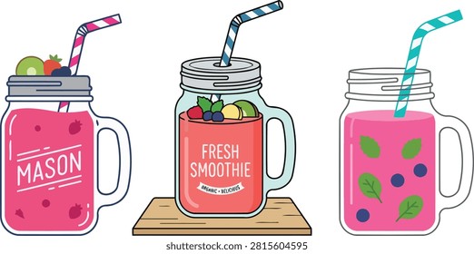 A colorful vector illustration depicting three mason jar smoothies with various fruits and straws, presented as a distinctive silhouette style.