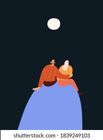 Colorful vector illustration depicting two people. Boy and girl looking at the moon. Couple, relationship, love. For cards, posters, stationery.