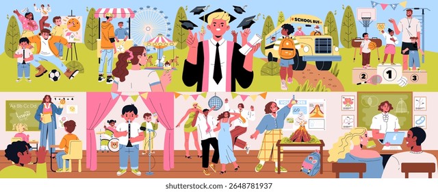 Colorful vector illustration depicting various school activities and celebrations. Scenes include sports, graduation, classroom learning, and outdoor fun, highlighting joy and collaboration.