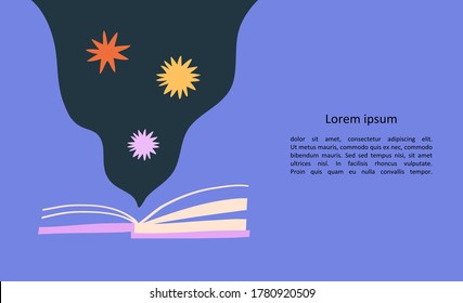 Colorful vector illustration. Depiction of opened book on blue background. Abstract shapes. Drawing with some space for text. Education, reading, hobby.