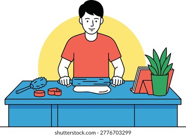 A colorful vector illustration depicts a man cleaning a table with various household items.