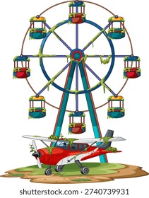 Colorful vector illustration of derelict Ferris wheel and propeller airplane covered in green vegetation