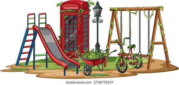 Colorful vector illustration of deserted playground equipment and phone booth overrun by green vines
