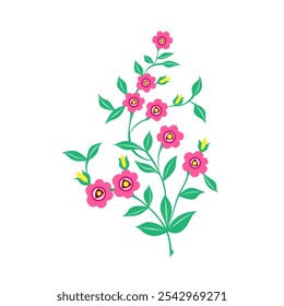 Colorful vector illustration design of tree branches featuring bright pink flowers and lush green leaves. Ideal for floral themed projects and nature inspired graphics.