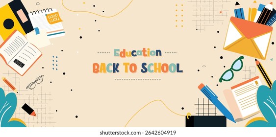 A colorful vector illustration designed for back to school themes, featuring playful educational tools and supplies.