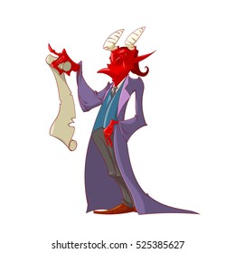 Colorful vector illustration of the devil holding a scroll paper contract for a soul pruchase