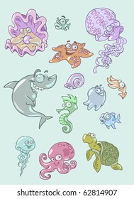 Colorful vector illustration of different sea animals and fish