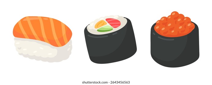 Ilustração vetorial colorida de diferentes tipos de sushi, mostrando nigiri, maki e ikura, perfeito para projetos culinários e relacionados à comida.