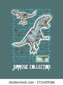 Colorful vector illustration of dinosaurs, fossils and letters.